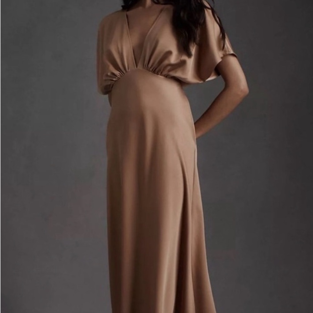 BHLDN Leila Deep-V Flutter Sleeve Satin A-Line Gown | Sand Dune | Size 10
